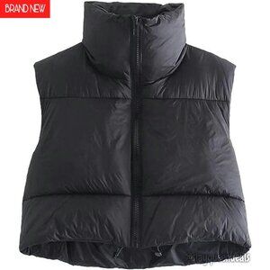 Women's High Neck Cropped Puffer Vest Jacket Sleeveless Winter Coat